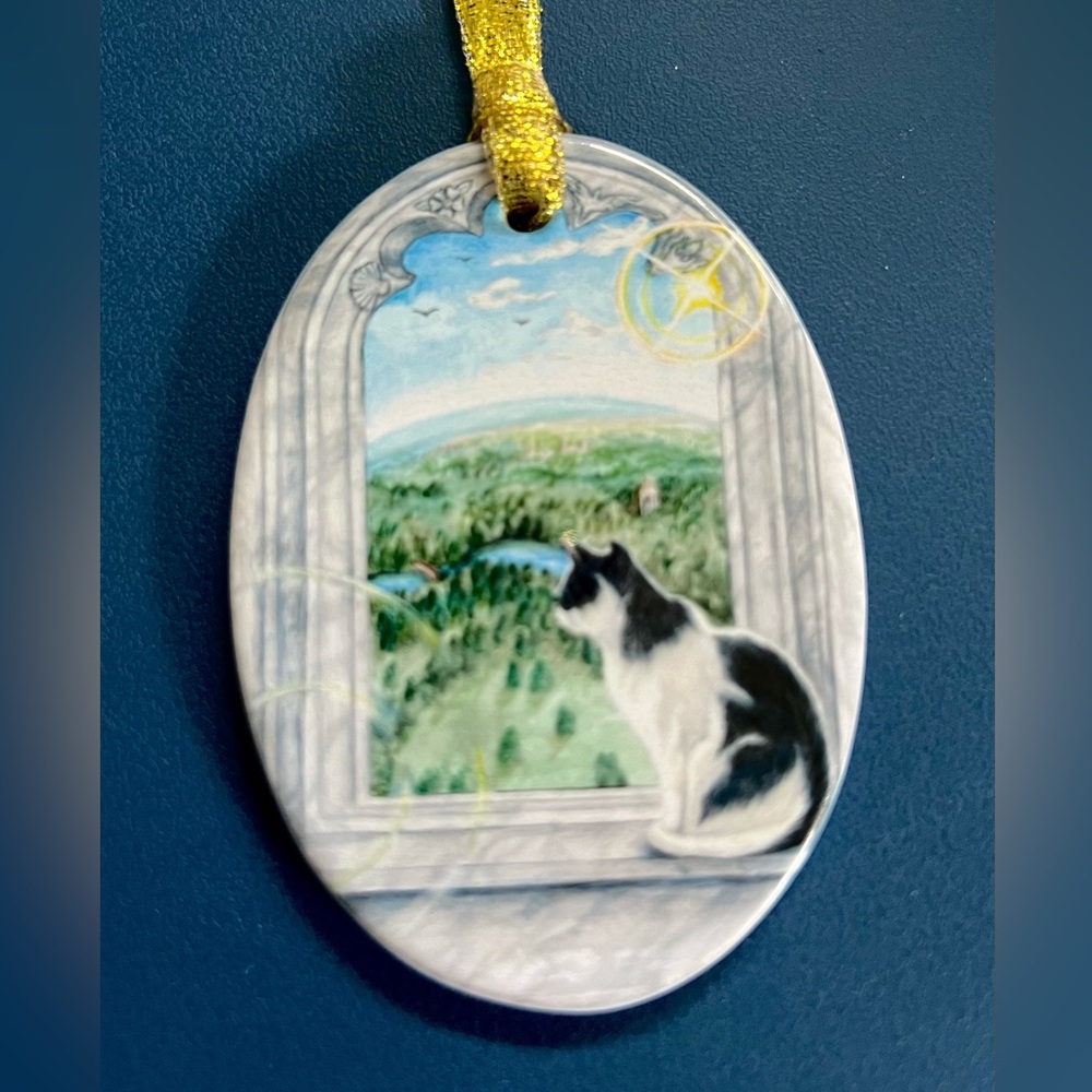 RARE  Tuxedo Cat Castle Window Ceramic Ornament from Mystical Cats “The World”